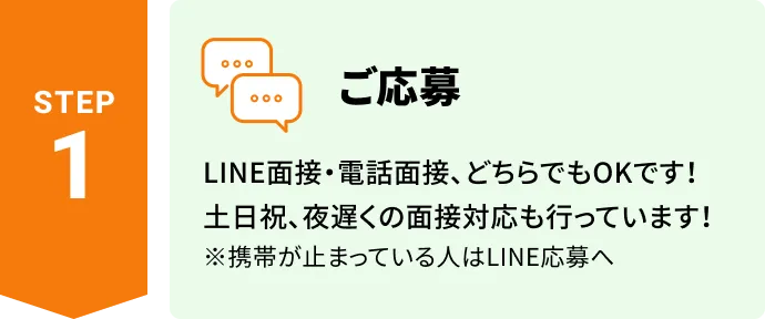 ご応募。LINE応募・電話応募、どちらでもOKです！土日祝、夜遅くの面接対応も行っています！※携帯が止まっている人はLINE応募へ