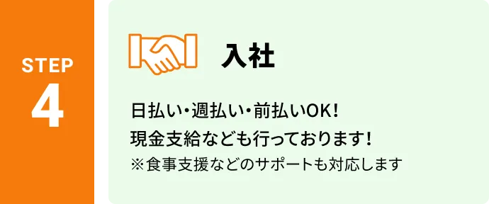 入社。日払い・週払い・前払いOK！現金支給なども行っております！※食事支援などのサポートも対応します